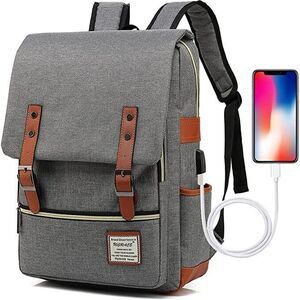 Canvas Grey 15.6" Laptop Backpack USB Charging‎ Port - British Vintage Style
